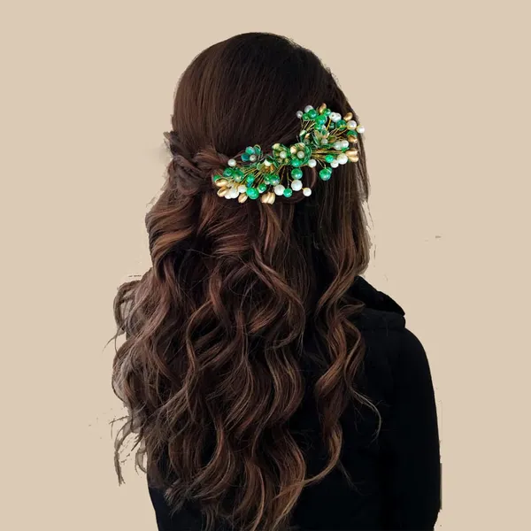 Green_Floral_Pearl_Design_Comb_Slide_Hairpin_For_Girls_(14_X_8_X_1_Cm)