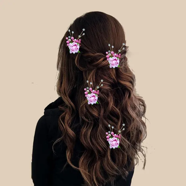 Baby_Pink_Artificial_Plastic_Rounded_Rose_Flower_Design_Hairpin/Accessories_With_Pearl/_Stone_For_Women_&_Girls_(Set_Of_4)_(14_X_8_X_1_Cm)
