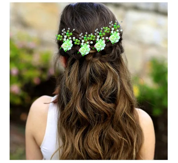 Green_Artificial_Plastic_Rounded_Rose_Flower_Design_Hairpin/Accessories_With_Pearl/_Stone_For_Women_&_Girls_(Set_Of_4)_(14_X_8_X_1_Cm)
