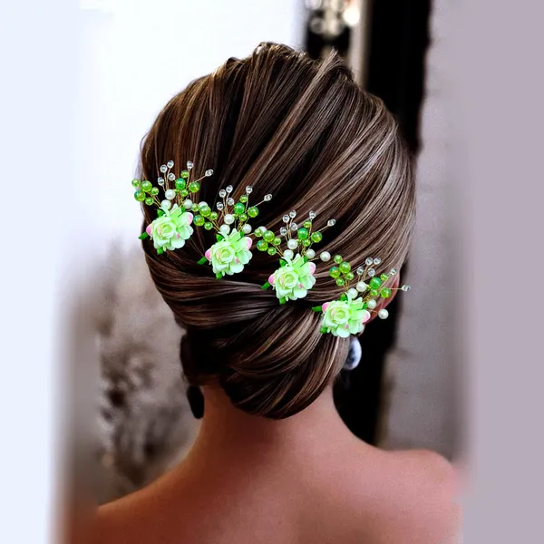 Green_Artificial_Plastic_Rounded_Rose_Flower_Design_Hairpin/Accessories_With_Pearl/_Stone_For_Women_&_Girls_(Set_Of_4)_(14_X_8_X_1_Cm)