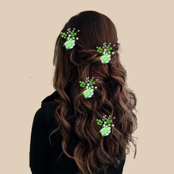Green_Artificial_Plastic_Rounded_Rose_Flower_Design_Hairpin/Accessories_With_Pearl/_Stone_For_Women_&_Girls_(Set_Of_4)_(14_X_8_X_1_Cm)