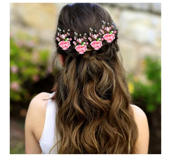 Artificial_Plastic_Rounded_Rose_Flower_Design_Hairpin/Accessories_With_Pearl/_Stone_For_Women_&_Girls_(Set_Of_4)_(14_X_8_X_1_Cm)
