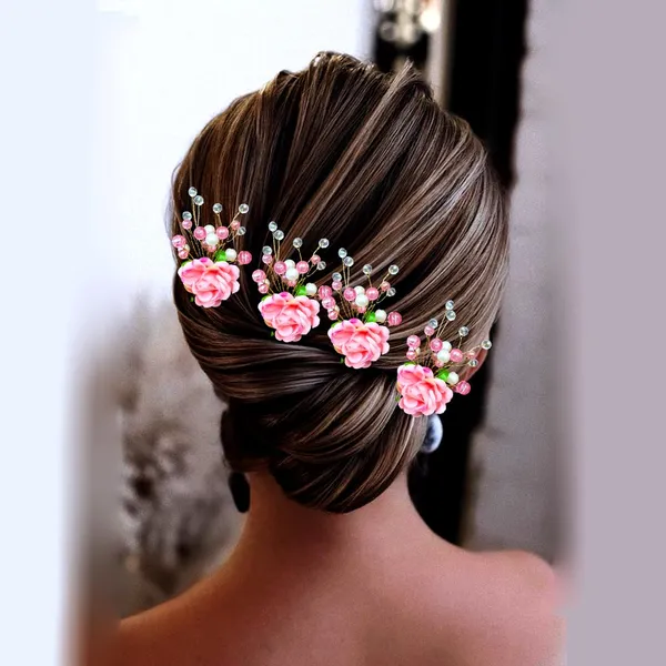 Artificial_Plastic_Rounded_Rose_Flower_Design_Hairpin/Accessories_With_Pearl/_Stone_For_Women_&_Girls_(Set_Of_4)_(14_X_8_X_1_Cm)
