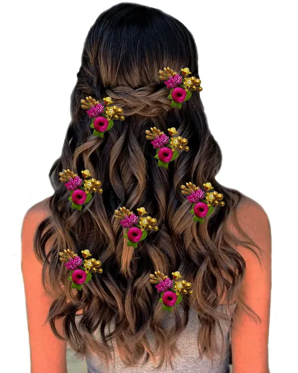 Peach_Artificial_Rose_Buds_With_Leaf_&_Pearl_Hair_Vein_And_Hair_Pin_Set_For_Women_(Set_Of_7)_(14_X_8_X_1_Cm)