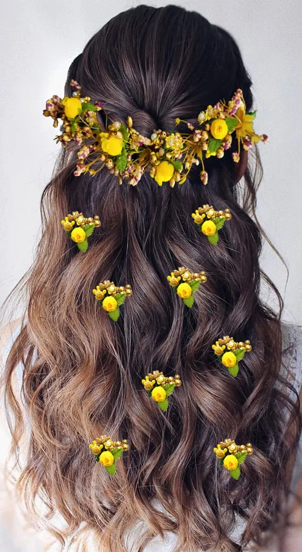Yellow_Artificial_Rose_Buds_With_Leaf_&_Pearl_Hair_Vein_And_Hair_Pin_Set_For_Women_(Set_Of_7)_(14_X_8_X_1_Cm)
