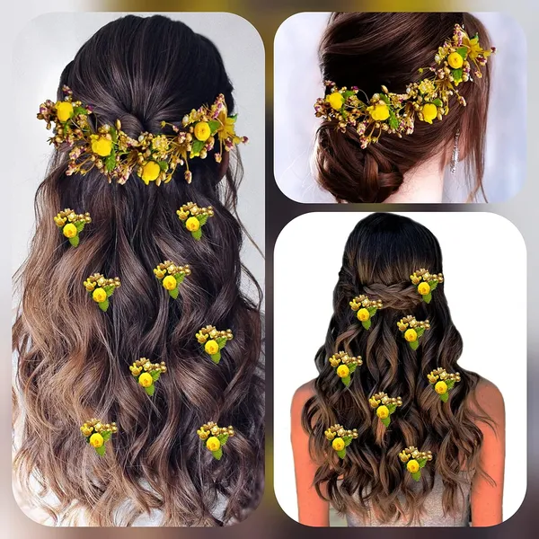 Yellow_Artificial_Rose_Buds_With_Leaf_&_Pearl_Hair_Vein_And_Hair_Pin_Set_For_Women_(Set_Of_7)_(14_X_8_X_1_Cm)