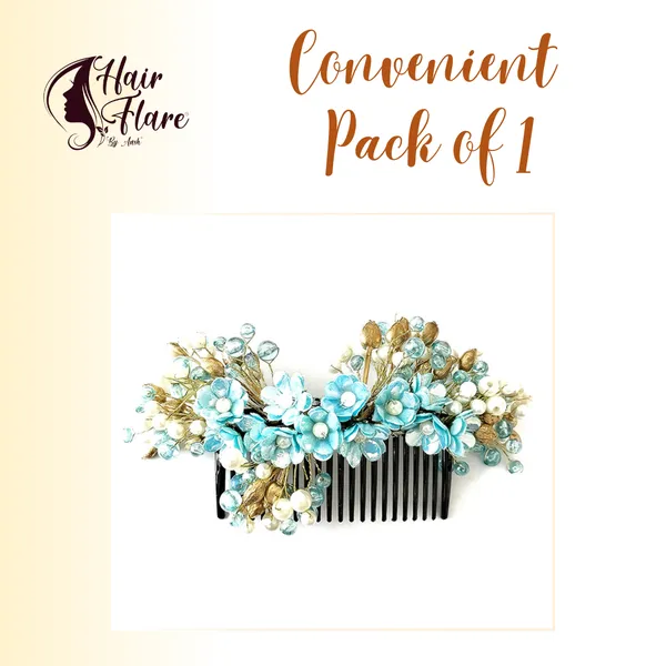 Blue_Artificial_Small_Flower_Comb_Slide_With_Beads_&_Pearls_Bridal_Hairpin_Accessories_For_Women_&_Girls