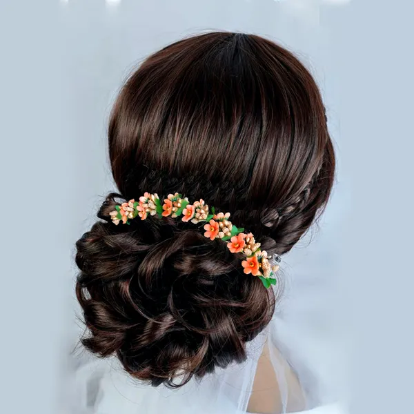 Peach_Small_Flower_And_Beads_Design_Hairpin_For_Women_And_Girl_(14_X_8_X_1_Cm)