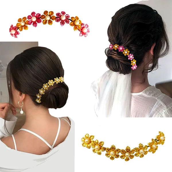 Gold_&_Magenta_Artificial_Small_Floral_Design_Hair_Vein_Accessories_With_Pearl_And_Beads_For_Women_&_Girls_(Set_Of_2)_(14_X_8_X_1_Cm)