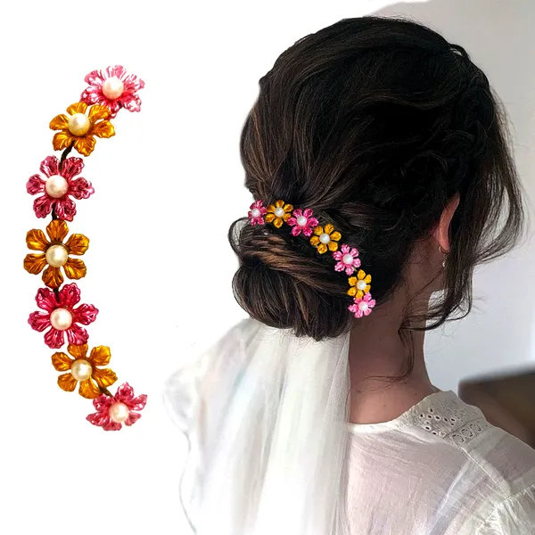 Gold_&_Magenta_Artificial_Small_Floral_Design_Hair_Vein_Accessories_With_Pearl_And_Beads_For_Women_&_Girls_(Set_Of_2)_(14_X_8_X_1_Cm)