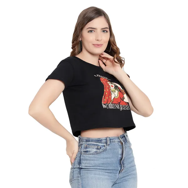 Black_Cotton_Printed_Short_Sleeves_T-Shirt_For_Women