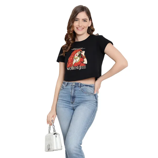 Black_Cotton_Printed_Short_Sleeves_T-Shirt_For_Women