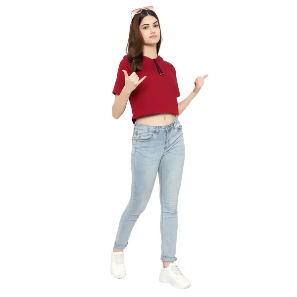 Womens_Sporty_Cropped_Hoodie__Soft_Cotton_Half-Sleeve_Round_Neck_Top