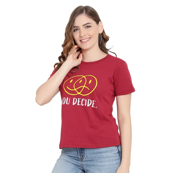 Maroon_Cotton_Solid_Short_Sleeves_T-Shirt_For_Women