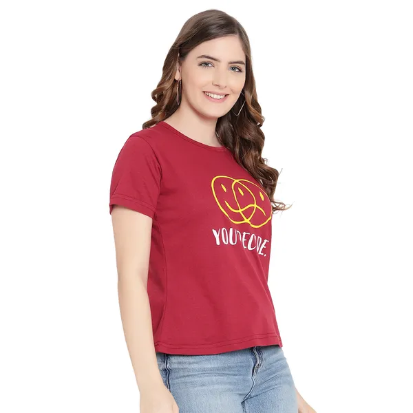 Maroon_Cotton_Solid_Short_Sleeves_T-Shirt_For_Women