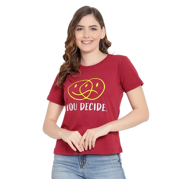 Maroon_Cotton_Solid_Short_Sleeves_T-Shirt_For_Women