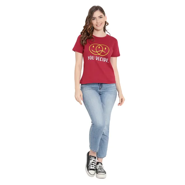 Maroon_Cotton_Solid_Short_Sleeves_T-Shirt_For_Women