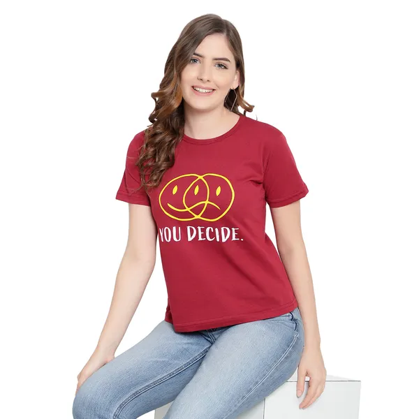 Maroon_Cotton_Solid_Short_Sleeves_T-Shirt_For_Women