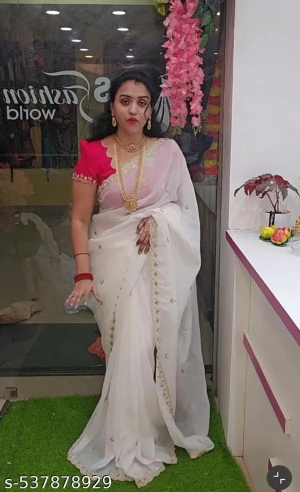 White_Georgette_Viscose_Saree_For_Women