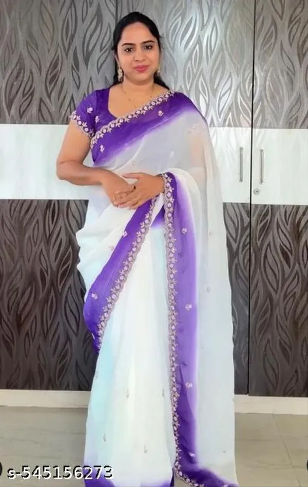 White_&_Purple_Georgette_Viscose_Saree_For_Women
