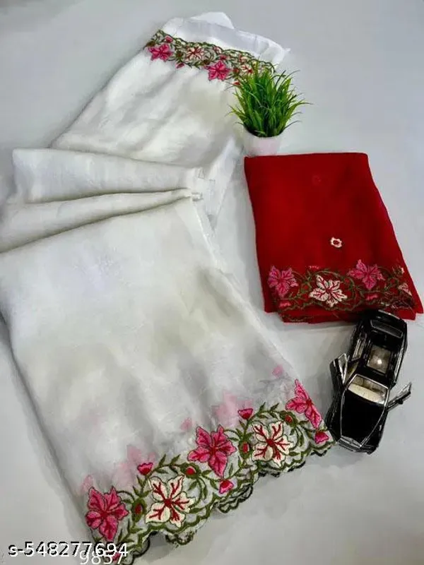 White_&_Red_Georgette_Viscose_Saree_For_Women