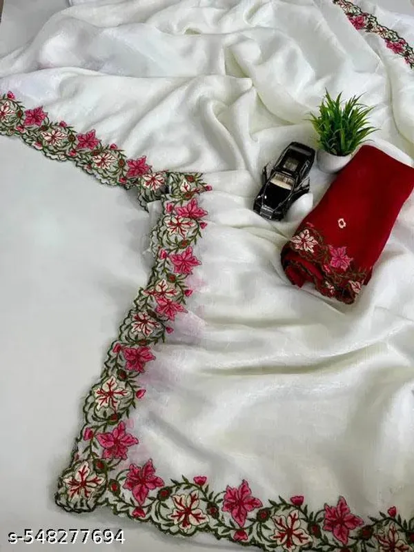 White_&_Red_Georgette_Viscose_Saree_For_Women