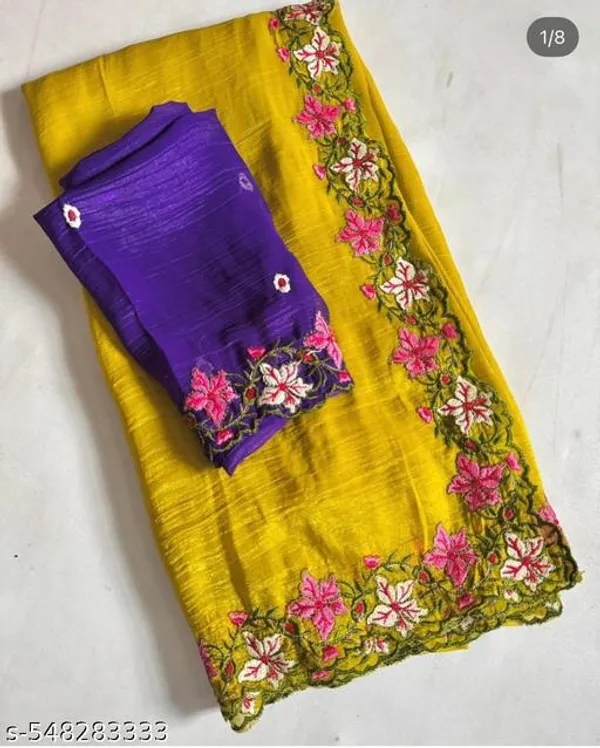 Yellow_And_Blue_Georgette_Viscose_Saree_For_Women