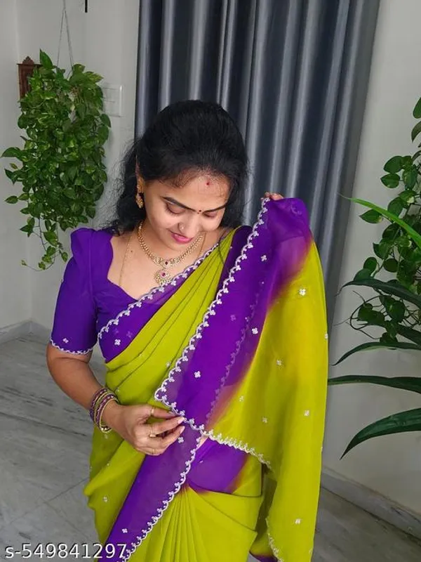 Lime_Green_With_Purple_Georgette_Viscose_Saree_For_Women