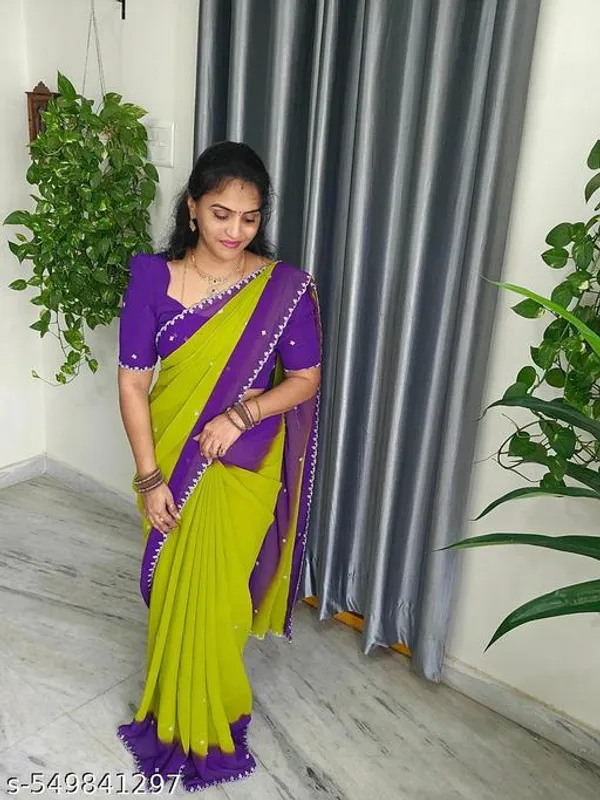 Lime_Green_With_Purple_Georgette_Viscose_Saree_For_Women