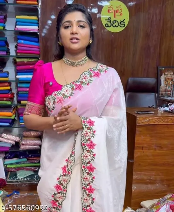 White_Georgette_Viscose_Saree_For_Women
