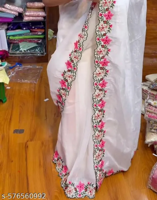 White_Georgette_Viscose_Saree_For_Women