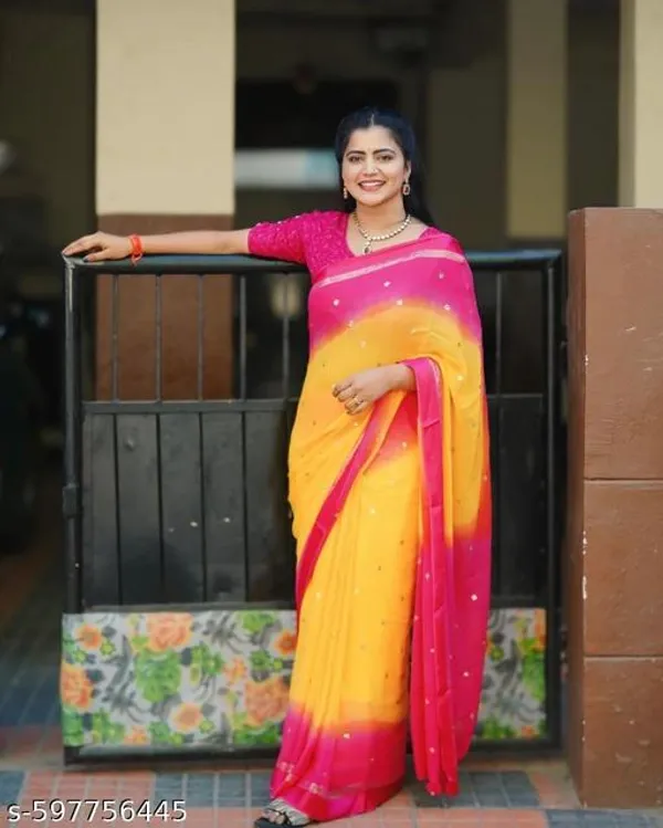 Yellow_&_Pink_Georgette_Viscose_Saree_For_Women