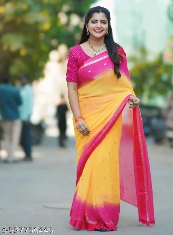 Yellow_&_Pink_Georgette_Viscose_Saree_For_Women