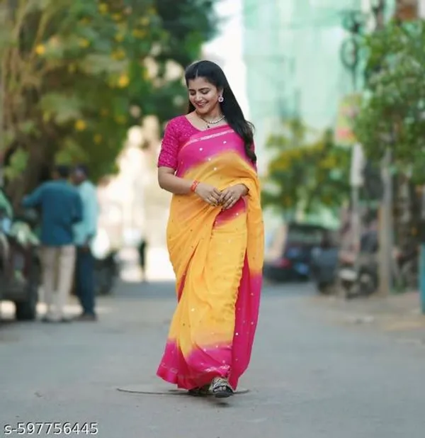 Yellow_&_Pink_Georgette_Viscose_Saree_For_Women