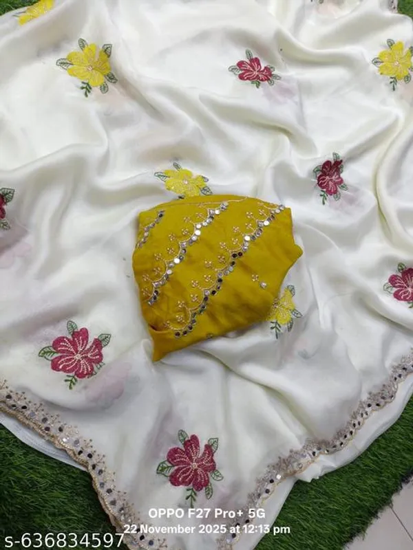 White_Georgette_Viscose_Saree_For_Women