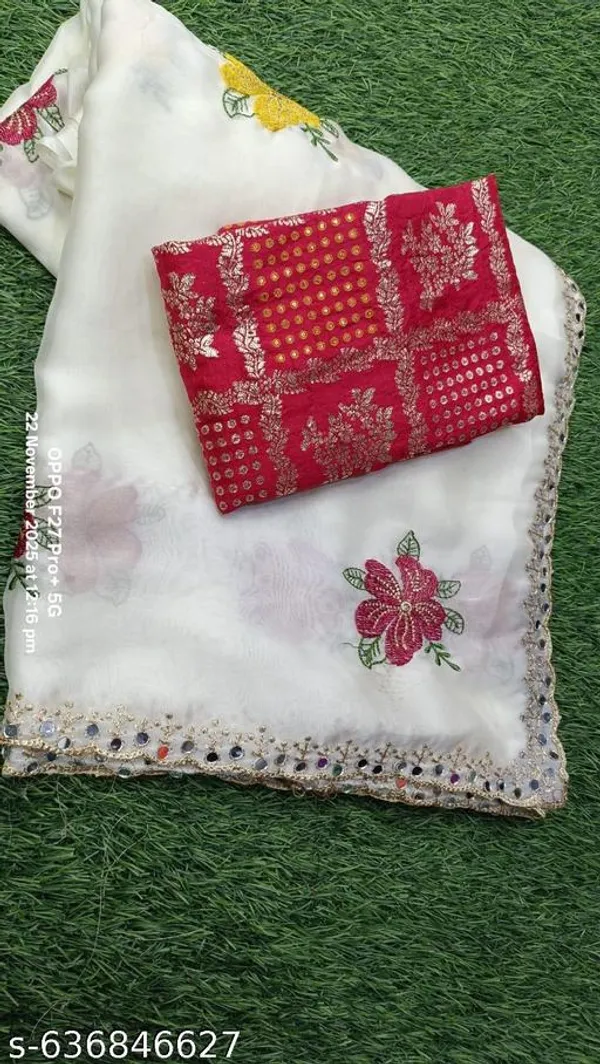White_&_Green_Georgette_Viscose_Saree_For_Women
