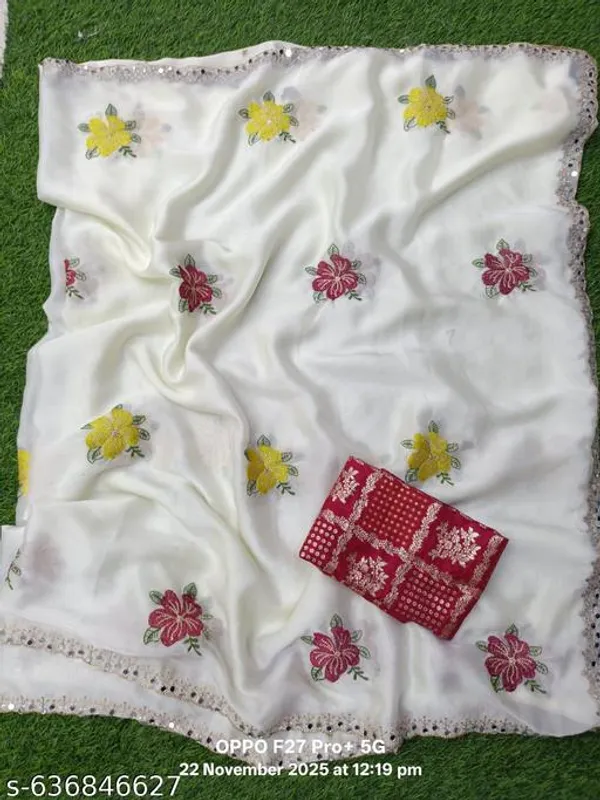 White_&_Green_Georgette_Viscose_Saree_For_Women