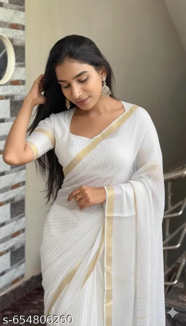 White_Georgette_Viscose_Saree_For_Women