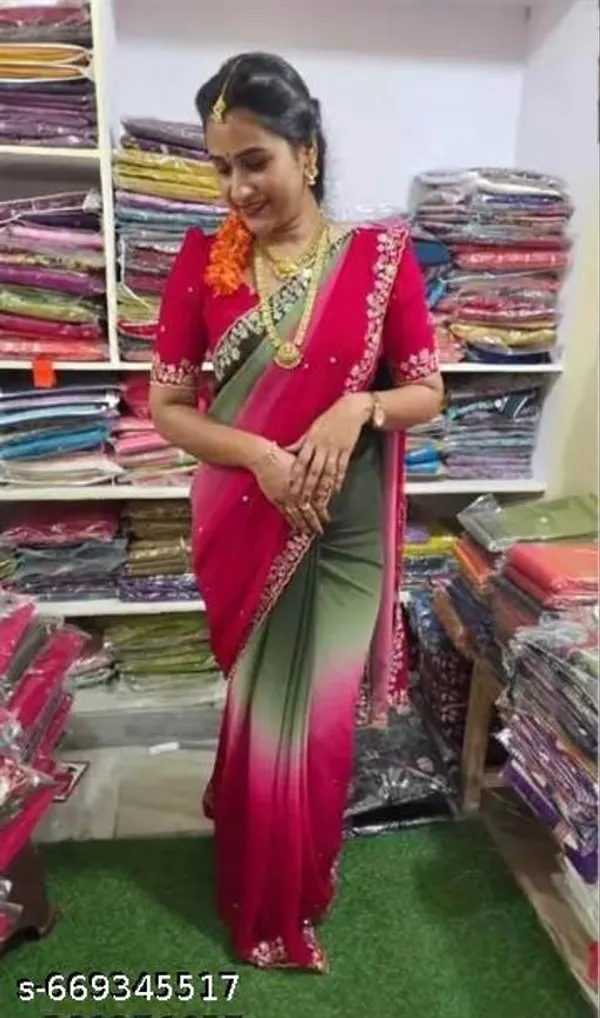Green_&_Pink_Georgette_Viscose_Saree_For_Women