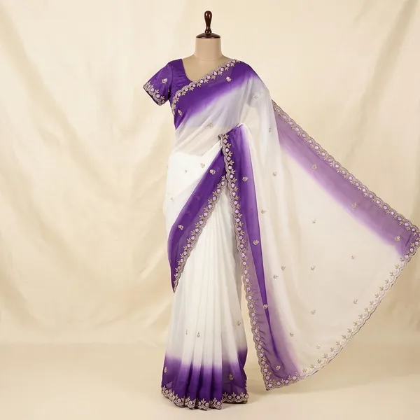 Blue_And_White_Georgette_Viscose_Saree_For_Women