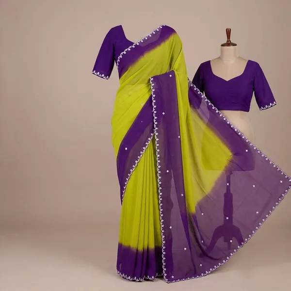 Yellow_&_Purple_Georgette_Viscose_Saree_For_Women