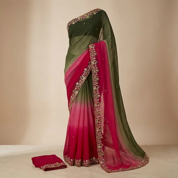 Green_And_Pink_Georgette_Viscose_Saree_For_Women