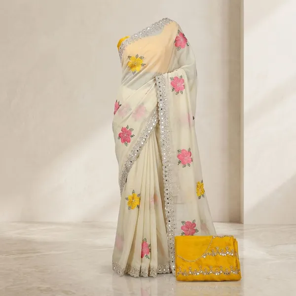 White_Georgette_Viscose_Saree_For_Women