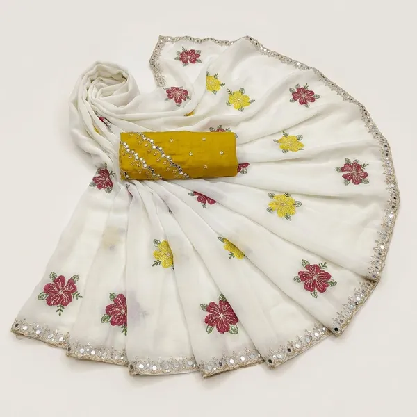 White_&_Yellow_Georgette_Viscose_Saree_For_Women