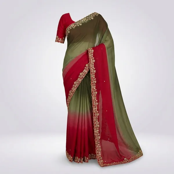 Green_&_Pink_Georgette_Viscose_Saree_For_Women
