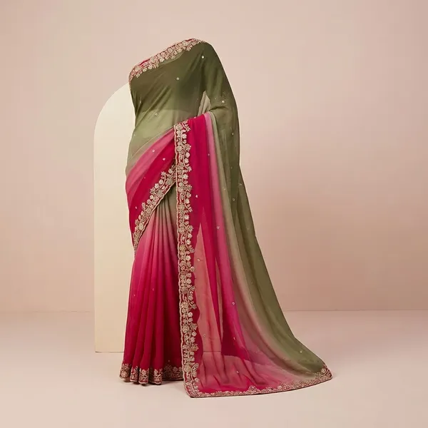 Green_&_Pink_Georgette_Viscose_Saree_For_Women