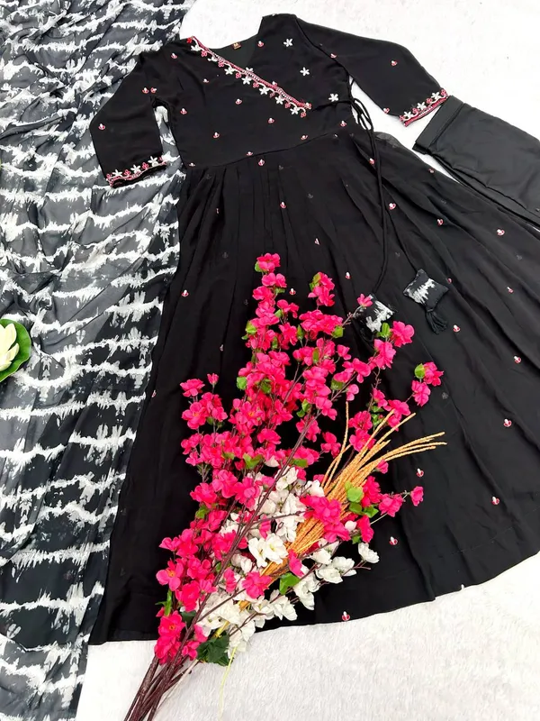 Black_Faux_Georgette_Embroidered_Gown_Set_With_Bottom_And_Dupatta