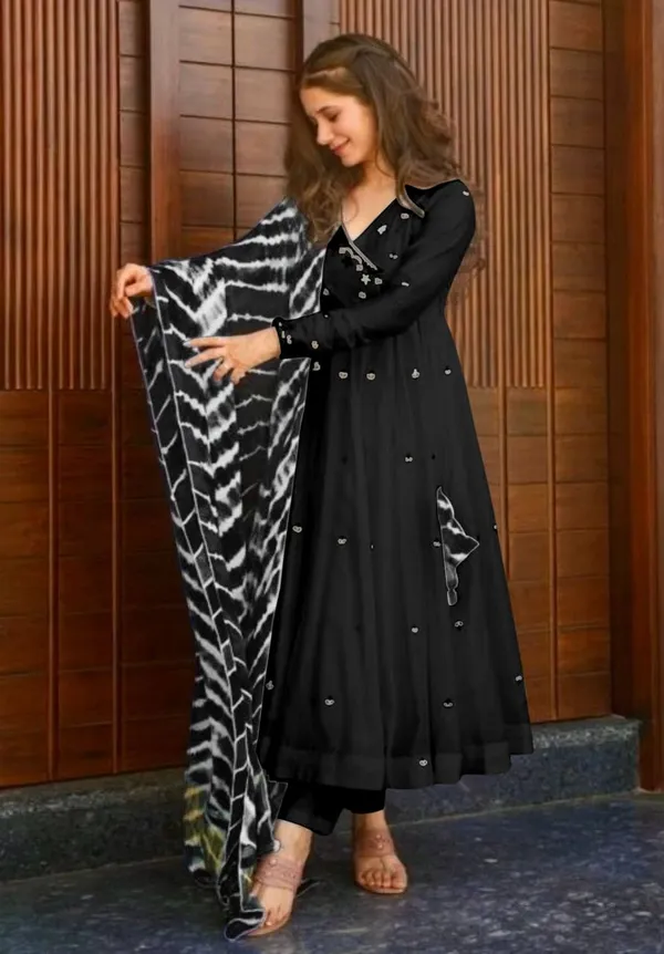 Black_Faux_Georgette_Embroidered_Gown_Set_With_Bottom_And_Dupatta