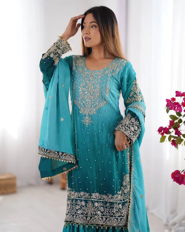 AQUA_SHADED_CHINNON_SILK_CODING_SEQUENCE_EMBROIDERED_SHARARA_SALWAR_SUIT_WITH_DUPATTA