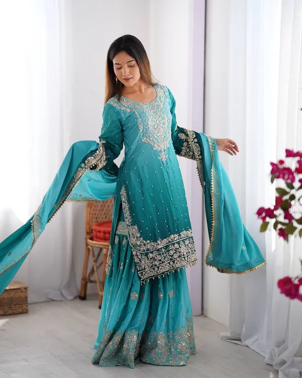 AQUA_SHADED_CHINNON_SILK_CODING_SEQUENCE_EMBROIDERED_SHARARA_SALWAR_SUIT_WITH_DUPATTA
